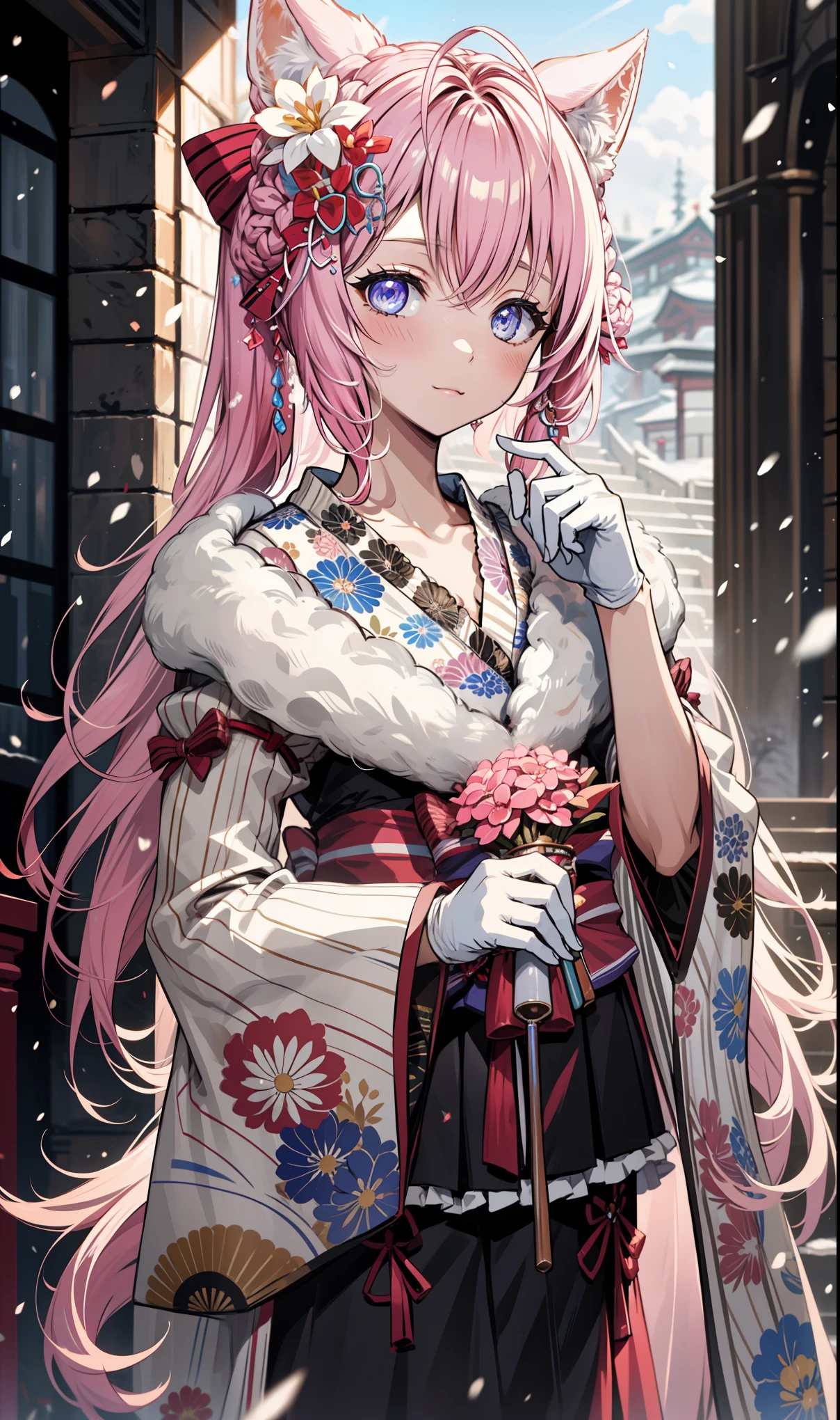 masterpiece,    Top Quality ,    high-resolution ,  masterpiece:1.2,     high quality  , 8K,      beautiful and meticulous growth   ,  happy ，  heavy costume，  blush，  kimono， Japanese costume ，Side Ponytail，  Fantasy World , Ice and snow fly  ,  winter，Mysterious landscape  ， black gloves ，Strike a pose，Beautiful sleeves  ，   Lots of clothes on the chest ， Small curves   