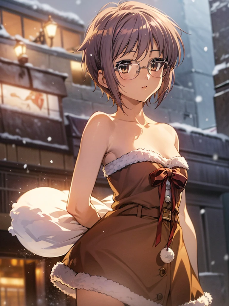 Snow, ny1, nagato yuki, ((arms behind back)), (small breast), (short hair), Santa Claus, glasses, 1girl, (Xmas), On a snowy night on the street, I met a cute  Santa girl.