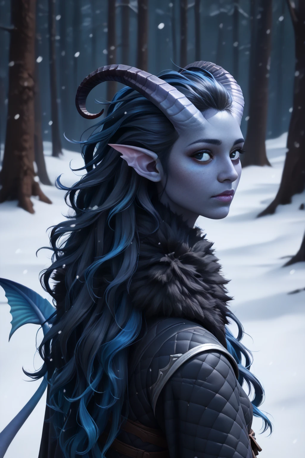 ( Snowy sprawling cedar ,  the winter cedar forest against the background of ), (1Тiefling ,  dark blue-gray skin :1.5), ( very thick long tiefling dragon tail :1.5), (long black flowing hair with dark blue tips:1.4), ( the bright blue-black pigmentation on the face :1.5), (blue-black freckles :1.2) , ( 2little fins on their heads :1.4), (bright blue-grey pupils,  Black eyes :1.4), ( blue-black pigmentation on the skin :1.5), ( dark grey straight short horns ), ( blue and black pigmentation on the tail :1.5), ( girl :1.2) , (kind face), (на лице эмоции от нестерпимого coldа), (in pain ), (coldно:1.2), [curiosity ], (35 years old:1.5), (adult:1.2), (Deep look:1.3), (идёт крупный  snow ), (запорошена в  snow у:1.2) , (покрыта  snow ом), (ежится от coldа:1.1) , ( frost on eyelashes :1.1), ( fur collar armor), (белый  snow  на голове:1.2), ( fur armor ), ( snow  на рогах и на голове:1.15), (chainmail), (you can see pigmentation on his shoulder ), (tail protection), (walks along the road looking back :1.3), (трясётся от coldа:1.1), [ snowy winter ], (очень coldно), (blizzard,  snow , cold) , ( can be seen in full height:1.2), ( seen from afar ), (идёт через  snow :1.5), (takes an apple from the wagon:1.3), ( against the background of a dark cave:1.2), ( top quality ), ( masterpiece fails), ( highest detail),  fantasy background, blue tones, Dark tones, dark shades,  muted colors, [winter light ].