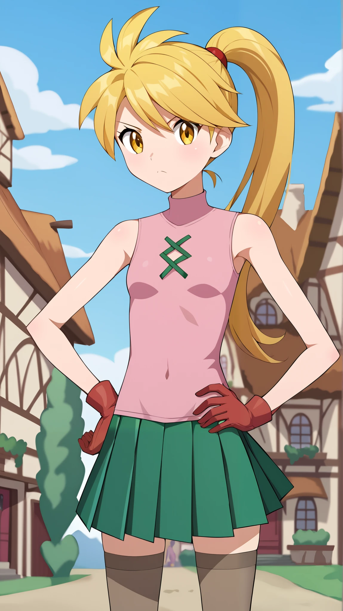 (( top quality )), ((masterpiece)), (( Details)), 1girl,  golden hair color,  ponytail,  long hair, Yellow Eyes,  pink sleeveless shirt without gloves,  Green Pleated Mini Skirt ,  black knee-high stockings , orange laces ,  Tall,  ANIME COLORING BOOK,  viewers, 1 Female, Age 18,  standing, whole body, Place one hand on hip,  slim figure,  serious expression, Two legs, two arms, town, (\ Pokémon\),  score_9,  score_8_Excellent,  score_7_Excellent,  score_6_Excellent,  Source_Anime,  cell shading ,  flat color, vector,