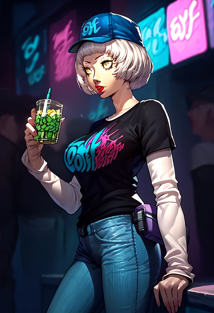 1 girl, Blue hat, lipstick, black t-shirt, clothes writing, layered sleeves, large breasts, jeans, Elizabeth, white hair, yellow eyes,