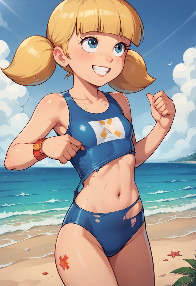 score_9, score_8, score_8_up, score_7_up, sgstyle, BREAK, 1girl, solo, female focus, 1girl, penny_ig, BREAK,  penny, blonde hair, twintails, blunt bangs, solo, beach, ocean, sky, sunny, (torn swimsuit), (belly button, smile), masterpiece, best quality,