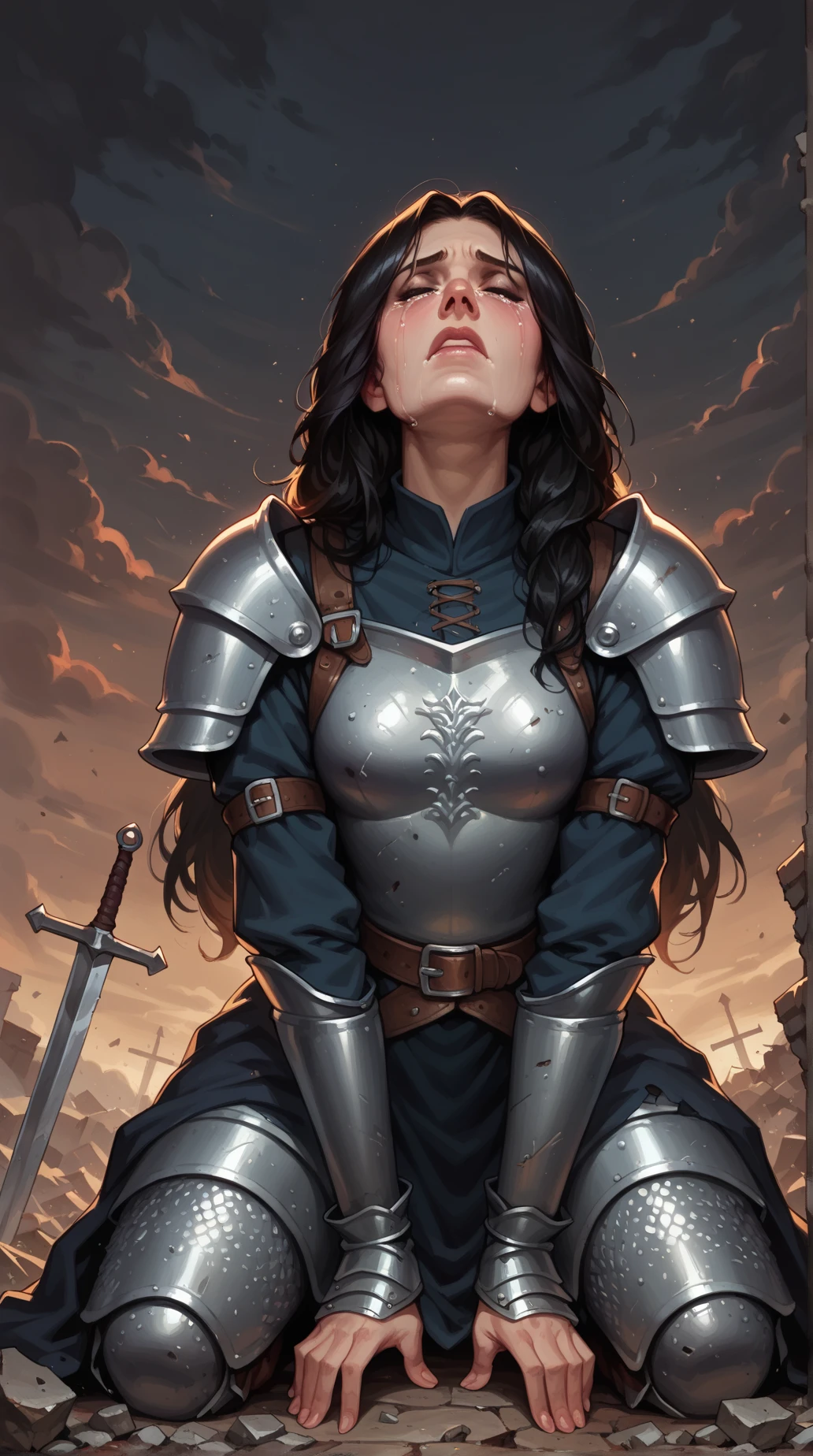 score_9, score_8_up, score_7_up, cartoon of a girl, solo, eyes closed, black hair, long hair, small breast, medieval armour, chainmail, kneeling, crying, ground, on a pile of rubble, front view, moody and gritty, dramatic scene, (dark sky:1.3), (dark background)