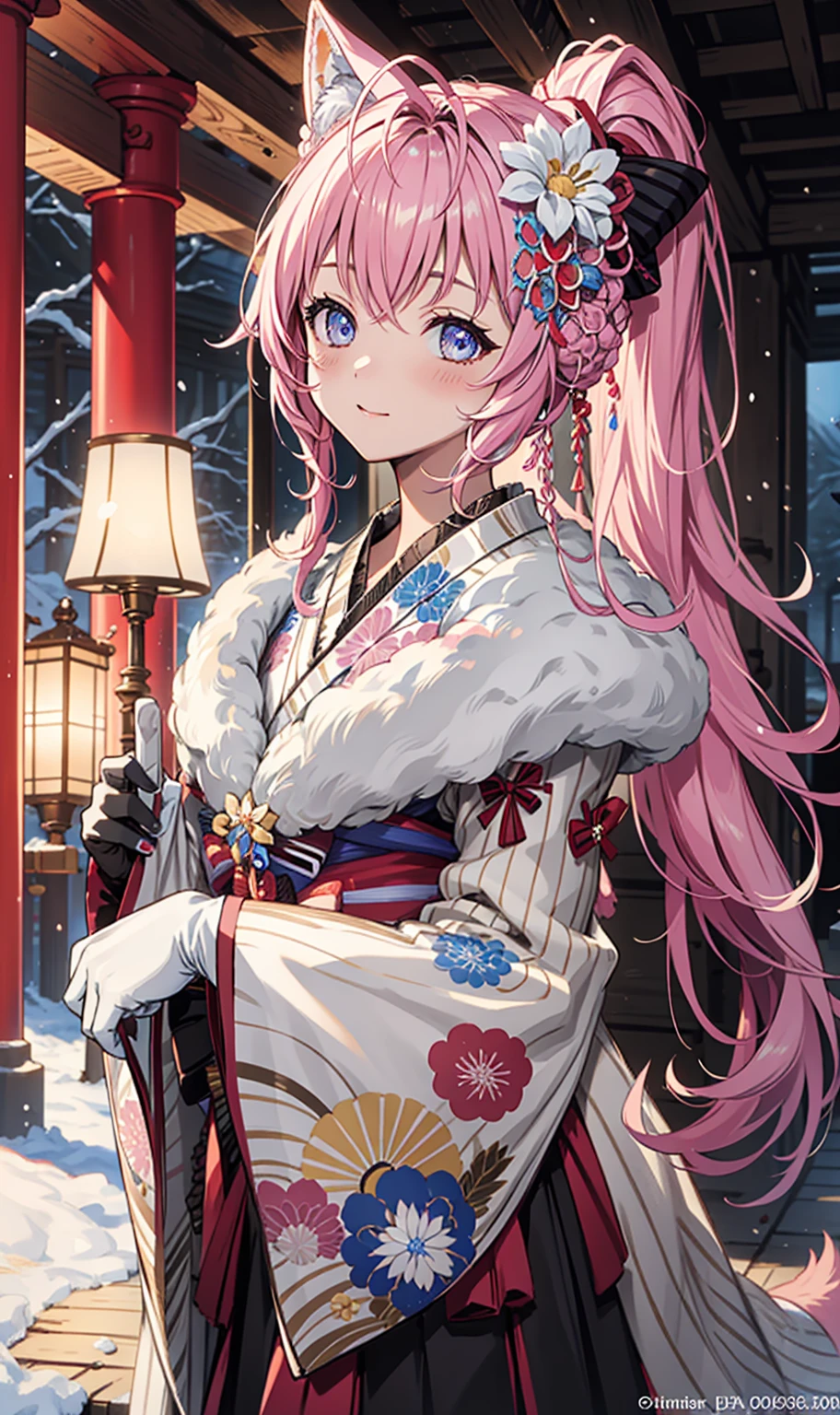 masterpiece,    Top Quality ,    high-resolution ,  masterpiece:1.2,     high quality  , 8K,      beautiful and meticulous growth   ,  happy ，  heavy costume，  blush，  kimono， Japanese costume ，Side Ponytail，  Fantasy World , Ice and snow fly  ,  winter，Mysterious landscape  ， black gloves ，Strike a pose，Beautiful sleeves  ，   Lots of clothes on the chest ， Small curves   