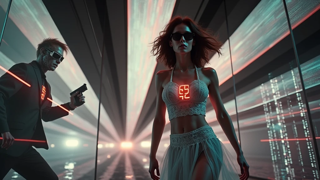 Aerial view, (flying giant petrified beast), waterfall, sci-fi outdoor maze forest as background. Matrix style, at night, dark sky. (1girl, solo), photo realistic, large-breast:1.2 slim:0.9 body, cleavage:1.2, tube top, miniskirt, (matrix style black sunglasses), (holding a mini:1.1 stun gun), half-body thigh level medium shot, cinematic lighting, ray tracing.