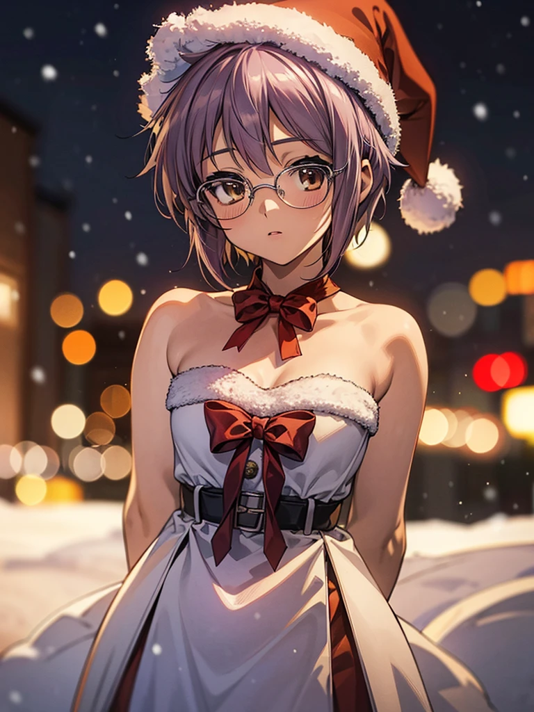 Snow, ny1, nagato yuki, ((arms behind back)), (small breast), (short hair), Santa Claus, glasses, 1girl, (Xmas), On a snowy night on the street, I met a cute little Santa girl.