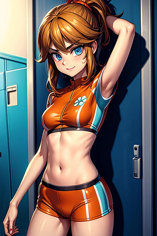 wet_sweaty_cara_delevingne_in_princess_daisys_soccer_uniform BREAK posing for selfie BREAK short top, midriff, hotpants, orange clothing, underboob BREAK skinny, thin_legs BREAK wet_skin BREAK long_brown_hair BREAK realistic_small_eyes BREAK skinny, female, evil_smile BREAK locker room, seductive_expression, seductive, sweating, heat BREAK outside, beautiful, high resolution, 8k, sure_for_work 