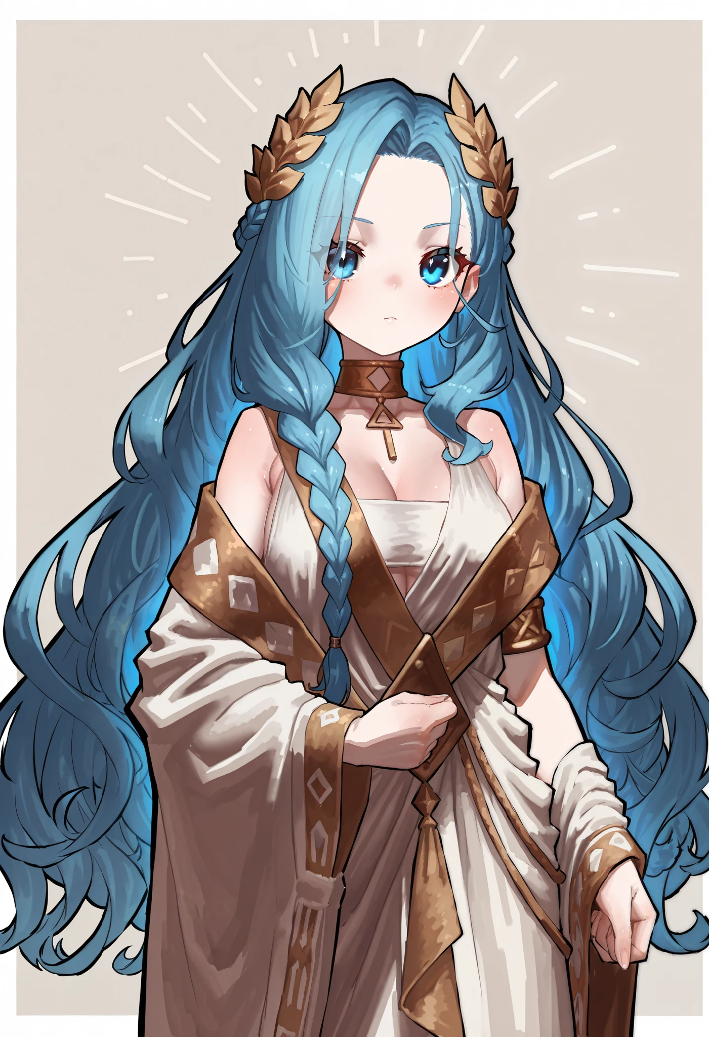 Ekrea Jan style, tsrnnn, 1girl, solo, blue hair, curly hair, braid, long hair, blue eyes, laurel crown, armlet, ancient greek clothes, greco-roman clothes, jewelry, gold choker, bare shoulders, wide sleeve, cleavage, toga, standing, looking at viewer, grey background, masterpiece, best quality, amazing quality, very aesthetic, high resolution