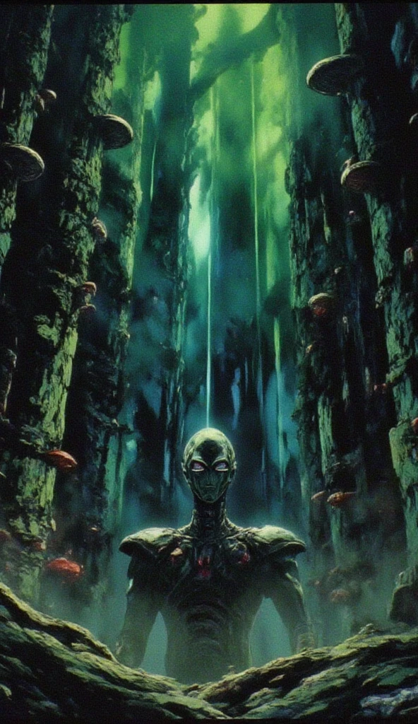 dvd screenshot of 1987 Dark Souls fantasy film, scene of 3D photo of a realiste grey alien , big eyes blacks , mushrooms in trees, , nigth , forest rain, hyperrealist , detailed, digital photo 4k --s 50, dark fantasy two tone color hue, with green atomic light 