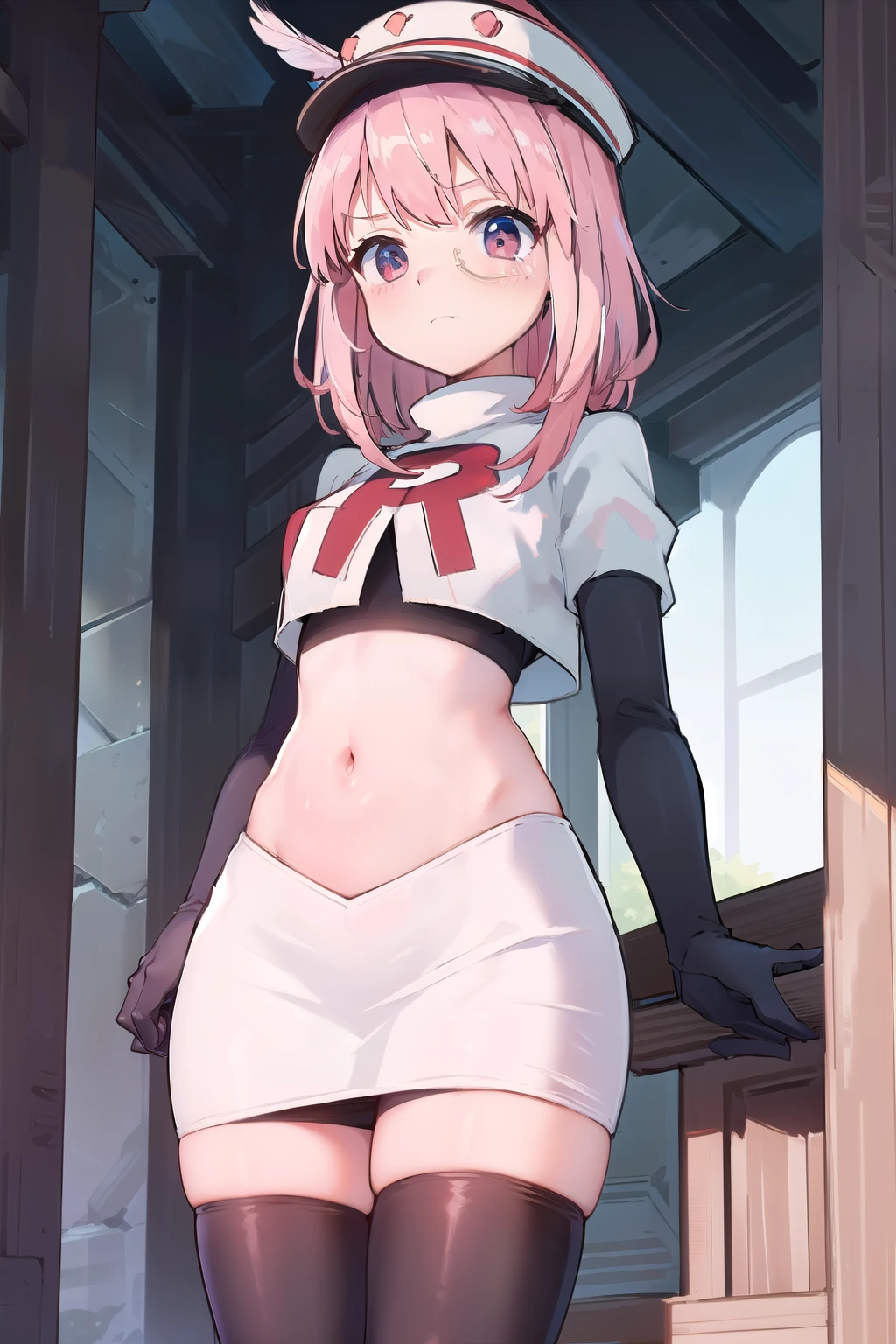 absurdres, masterpiece, best quality, (astolfo fate:1.2155), 1boy, male focus, trap, pink multicolored hair, pink hair, white hair, hair intakes, long hair, pink detailed eyes, crossdressing,1boy,team rocket,team rocket uniform,white skirt,crop top,black thigh-highs,black elbow gloves,