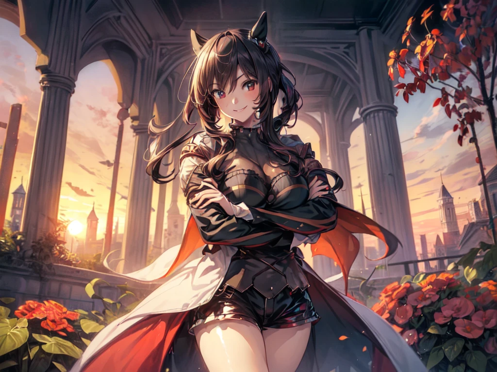 (Solo:2), (Female:2), (Short fingers, short arms, short legs), (Horse ears), (3D big breasts), (Luxurious long coat), (Arms crossed), (Smiling, looking at camera), (Castle), (Red garden), (Sunset), (Focus on breasts), (Carefully drawn, amazing artwork, best quality, high resolution, 8K, detailed, delicate),