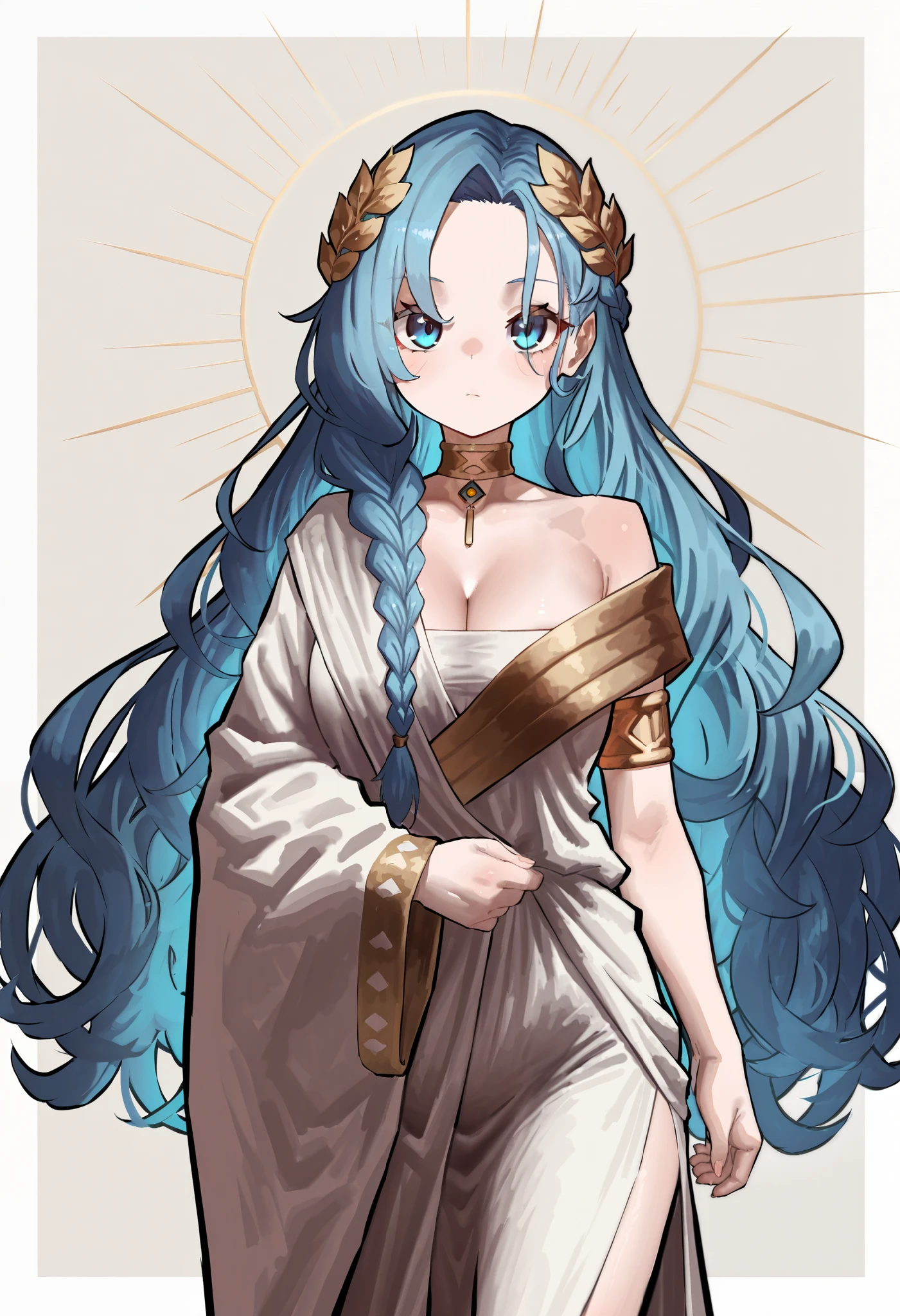 Ekrea Jan style, tsrnnn, 1girl, solo, blue hair, curly hair, braid, long hair, blue eyes, laurel crown, armlet, ancient greek clothes, greco-roman clothes, jewelry, gold choker, bare shoulders, wide sleeve, cleavage, toga, standing, looking at viewer, grey background, masterpiece, best quality, amazing quality, very aesthetic, high resolution, unaestheticXL_cbp62 