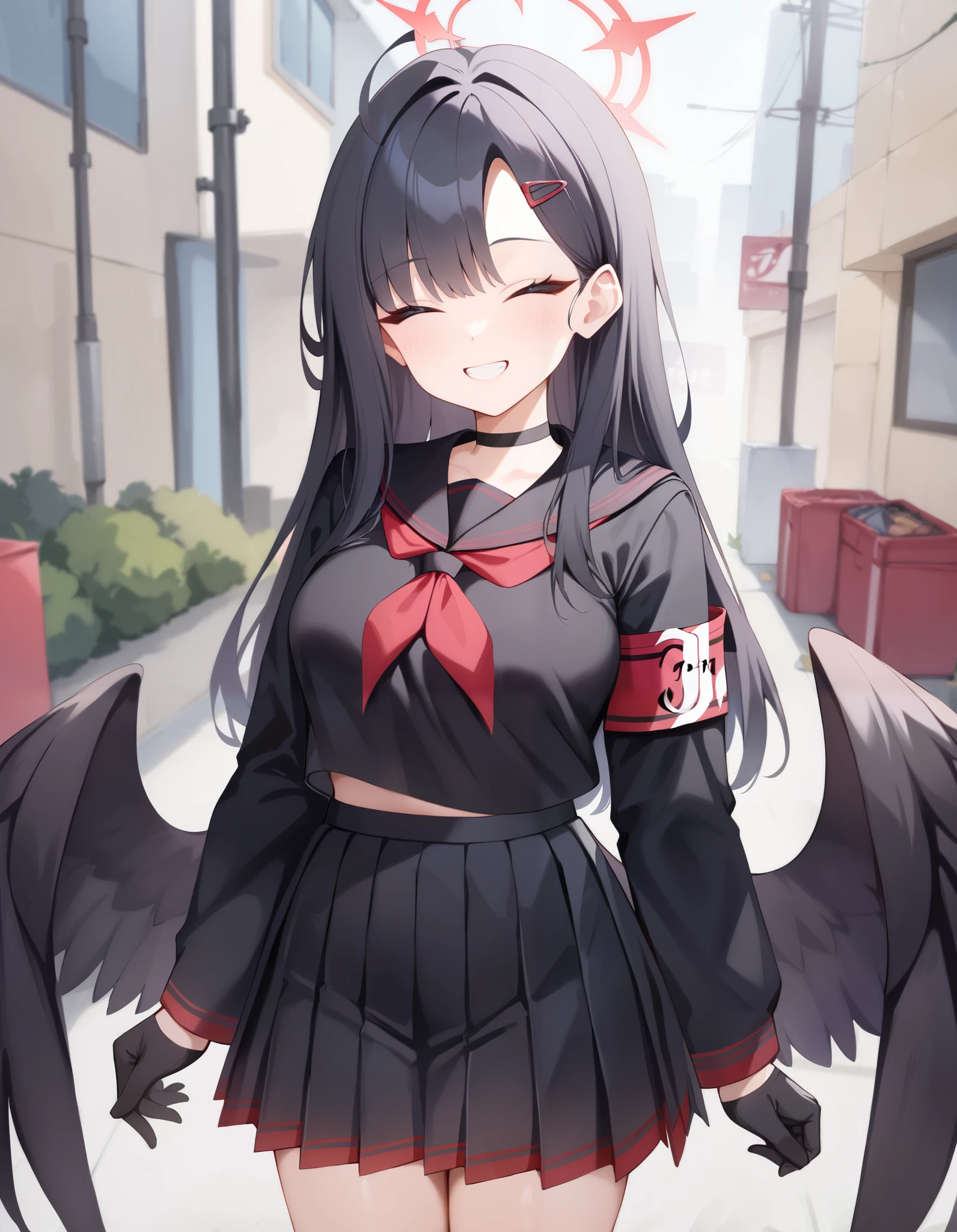 Masterpiece, hd, 1girl, ichika, blue archive, blue archive character,halo, red halo , medium breasts, black hair, closed eyes, (closed eyes:1.1), long hair, ahoge, hair clip, black choker, wearing sailor uniform, black sailor uniform, (black uniform:1.1), long sleeve, black sailor collar, red neckerchief, red armband, black pleated skirt, wearing black gloves, wearing black socks, cute girl, cute character, smile, teeth, Standing, potrait, looking at viewer, wings, black wings, smile, outdoor, streets