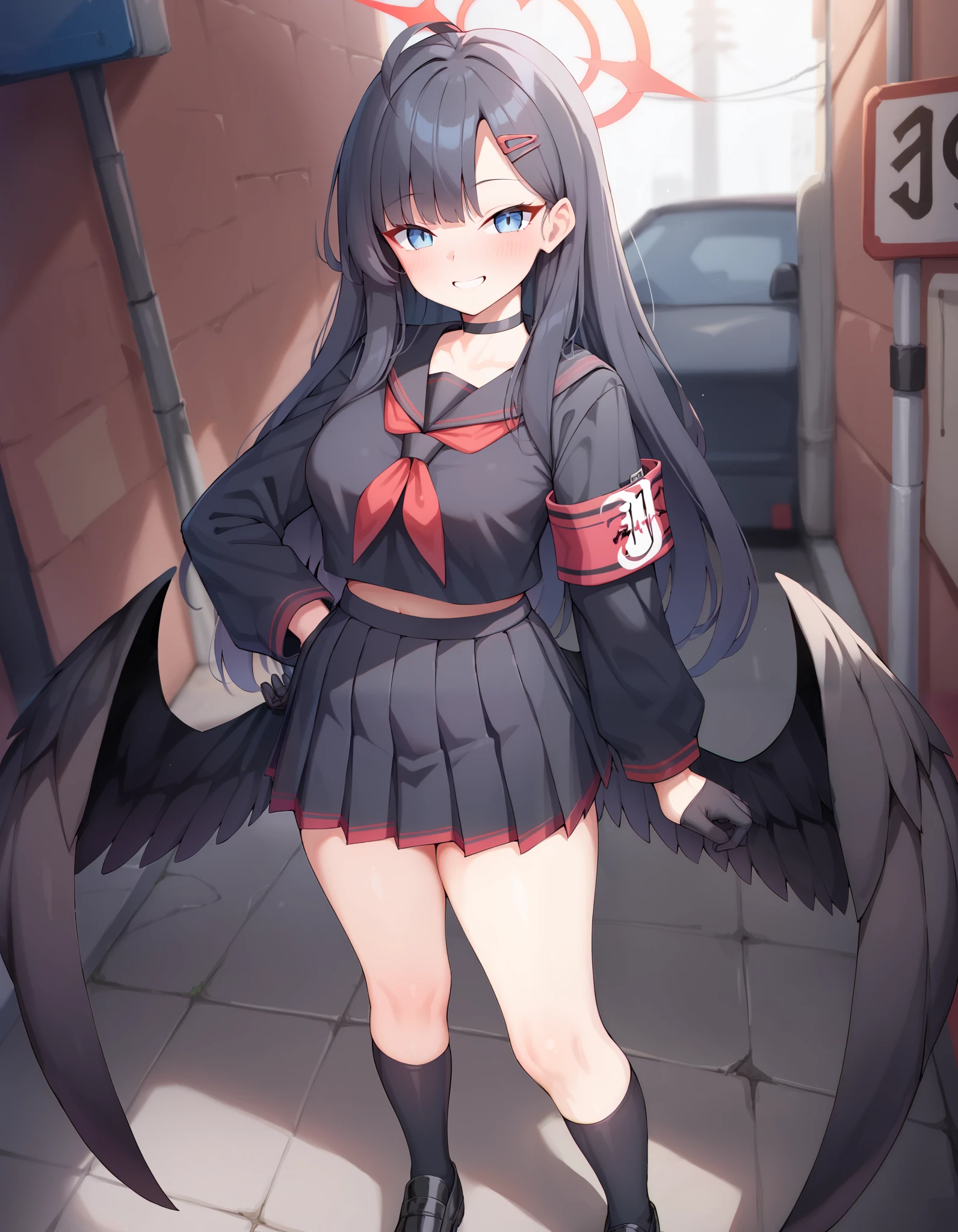 Masterpiece, hd, 1girl,ichikadef, blue archive, blue archive character,halo, red halo , medium breasts, black hair, blue eyes, long hair, ahoge, hair clip, black choker, wearing sailor uniform, black sailor uniform, (black uniform:1.1), long sleeve, black sailor collar, red neckerchief, red armband, black pleated skirt, wearing black gloves, wearing black socks, cute girl, cute character, smile, Standing, potrait, looking at viewer, wings, black wings, smile, outdoor, streets