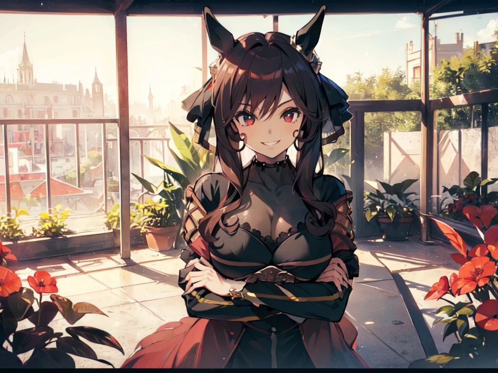 (Solo:2), (Female:2), (Short fingers, short arms, short legs), (Horse ears), (3D big breasts), (Luxurious long coat), (Arms crossed), (Smiling, looking at camera), (Castle), (Red garden), (Sunset), (Focus on breasts), (Carefully drawn, amazing artwork, best quality, high resolution, 8K, detailed, delicate),