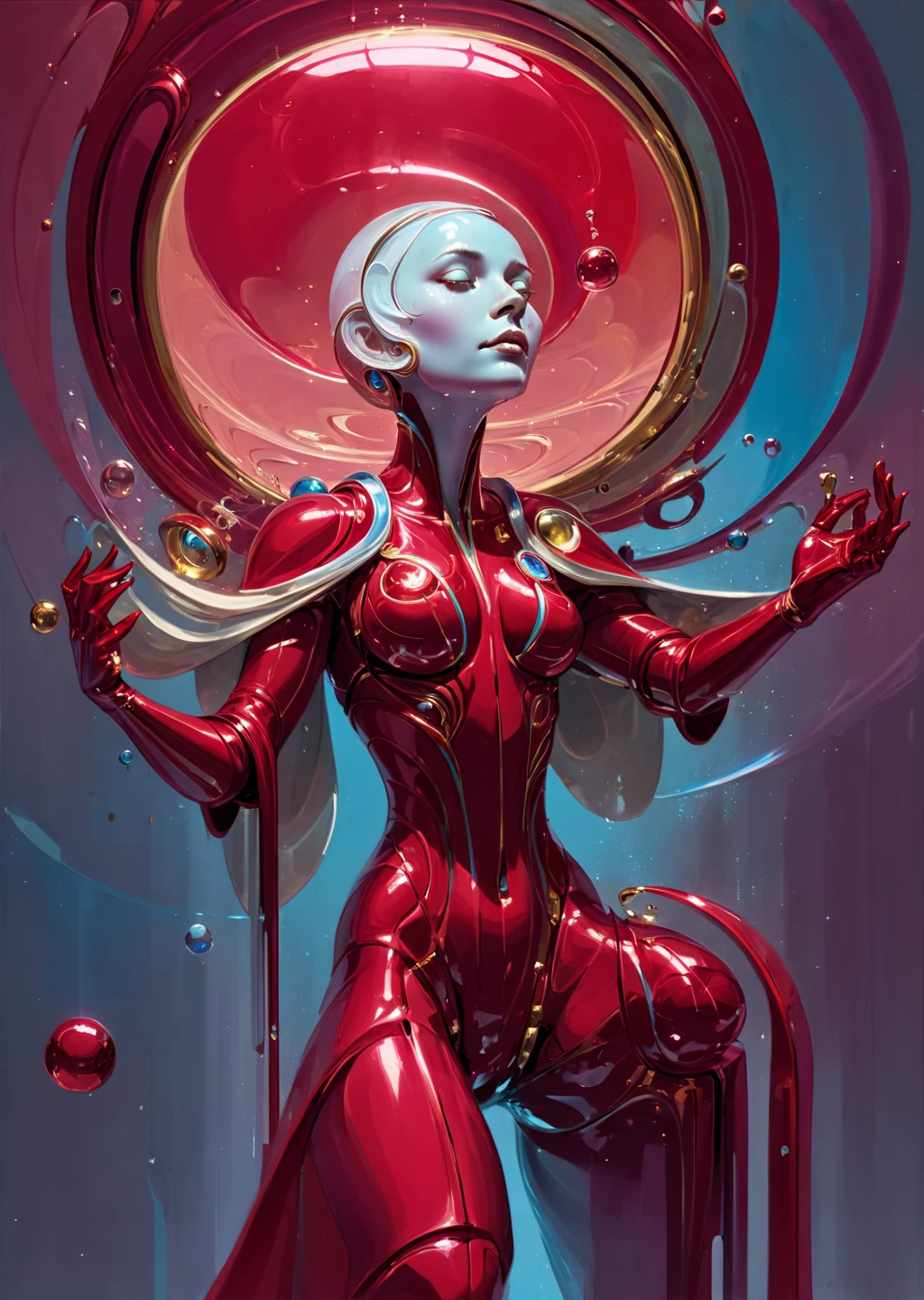 concept art by syd mead, retro futuristic,
d3qck artstyle
triadic color palleted,
 a stunning woman cosmonaut,
((space_style:0.6), cosmic outer space theme:1.1), bubble-mage, joyful, dynamic pose, colorful mage robes, surrounded by magical red bubbles, rainbow, large bubbles, floating particles, foam, transclucent, swirling bubbles, mesmerizing, ethereal aura, bubbles in background, twinkle, ethereal atmosphere
shadows, dramatic lighting , gradient
glowing particles
[(details:1.2): [ (many small details:1.3) : [ (many ultrasmall details: 1.2):(very detailed ultrasmall edges and microrelief:1.5):0.7 ]: 0.4 ] :0.2]
