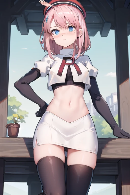 highres, sharp focus, pixiv masterpiece, ((intricate details)), highly detailed,best quality,masterpiece, high res,original, beautiful detailed eyes,ultra-detailed, 1girl, charlotte, hat, medium_hair, monocle, pink_hair, solo, looking_at_viewer,red_headwear,looking at viewer, cap,swept bangs, brooch,ribbon,blush,hair_feather,team rocket,team rocket uniform,white skirt,red letter R,crop top,black thigh-highs,black elbow gloves