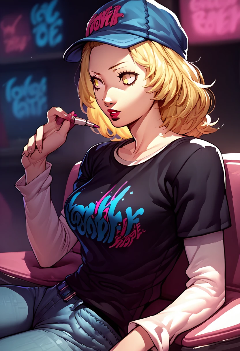 1 girl, Blue hat, lipstick, black t-shirt, clothes writing, layered sleeves, large breasts, jeans, Margaret, blonde hair, yellow eyes,