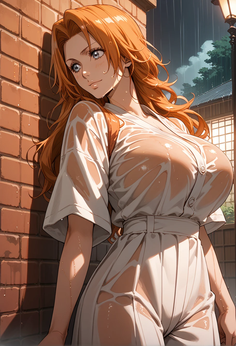 ,ruanyi1204,rain,outdoors,rangiku matsumoto,bleach,orange hair,
lamppost,dim lighting,night,dark,brick wall,,ruanyi1180,wet clothes,score_9, score_8_up, score_7_up, score_6_up, score_9, score_8_up, score_7_up, score_6_up source_anime, blush, 1girl, seduce smile, perfect body , natural huge breasts