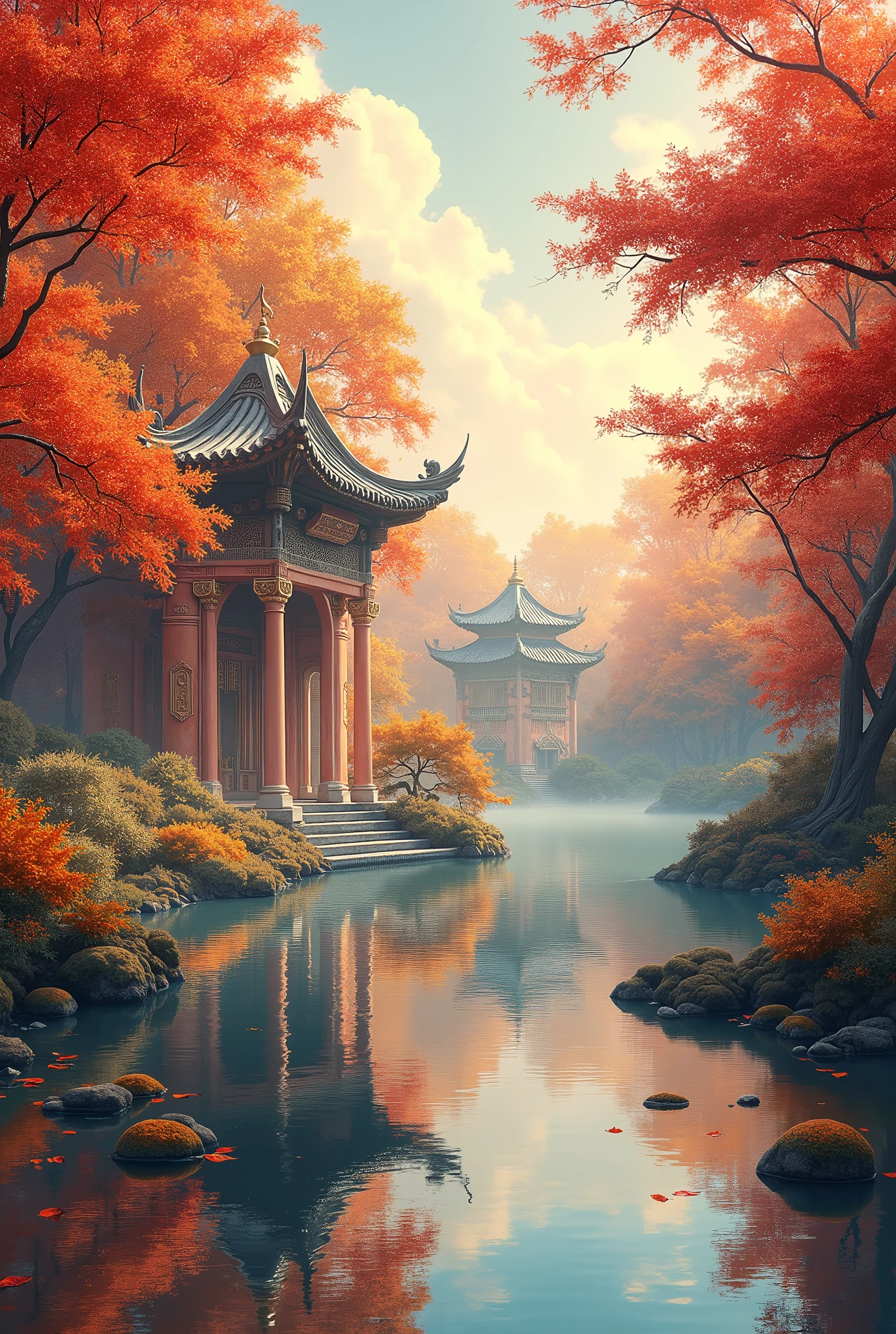 Painting of a pagoda in a forest with a pond and trees - SeaArt AI