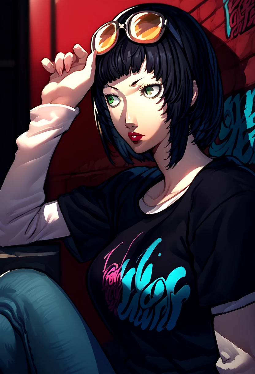 1 girl, sunglasses over head, lipstick, black t-shirt, clothes writing, layered sleeves, large breasts, jeans, Hifumi Togo, black hair, green eyes,