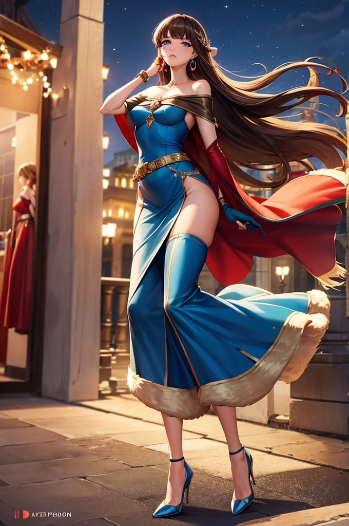 Giantess wearing crown, long blue dress, midriff exposed, athletic body, gts city, city buildings, smoke, clouds, evil, realistic lighting, high heels, from below,