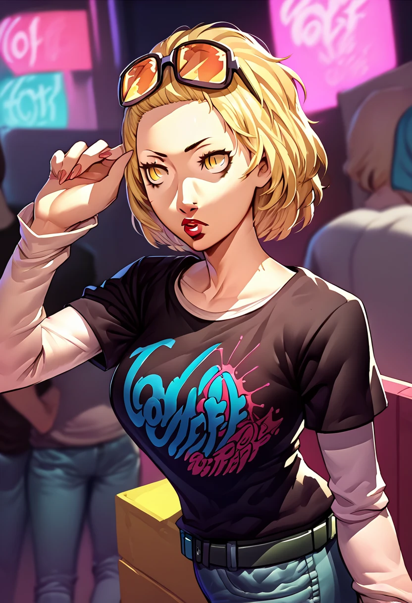 1 girl, sunglasses on head, lipstick, black t-shirt, clothes writing, layered sleeves, large breasts, jeans, Margaret, blonde hair, yellow eyes,