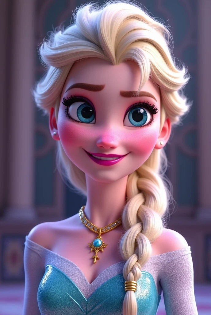 Princess Elsa completely pink shiny eyes purple lipstick and 3D animation Pixar style expression happy breasts hramdes and gold jewelry