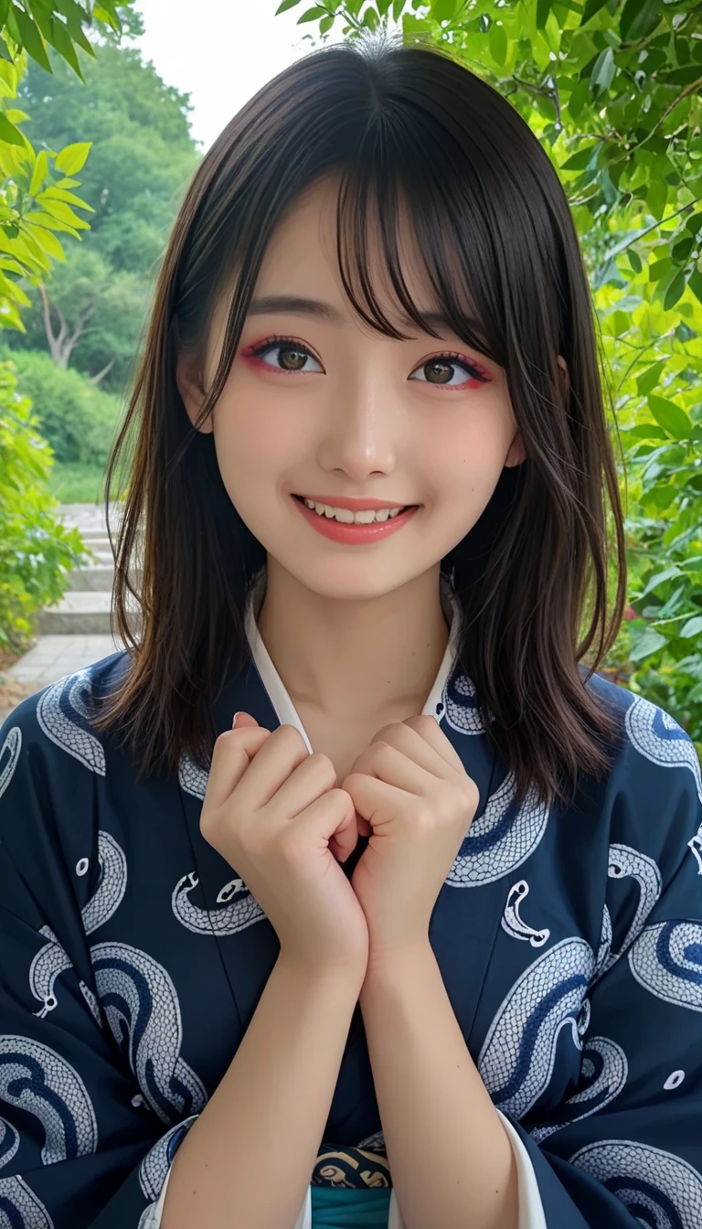 ,(( sexy kimono with a snake pattern ))、(( Japanese New Year))、 top quality , high res, very detailed, ( very detailedな目,  very detailedな顔)、 cute girl、( symmetrical eyes)、(Accurate Eyes)、(( without makeup))、((Natural Cosmetics ))、 top quality ,  very detailed, shape,  cute,(( sexy kimono with a snake pattern ))、   very detailedスキン ,  top quality  ,  very detailedフェイス ,  brightly colored , ,  One Girl , Alone,  、((  embarrassing,)), play,、Cute pose、  medium hair、(Cute pose、Cute smile))、((The background is in front of a shrine ))、((Clear skies))