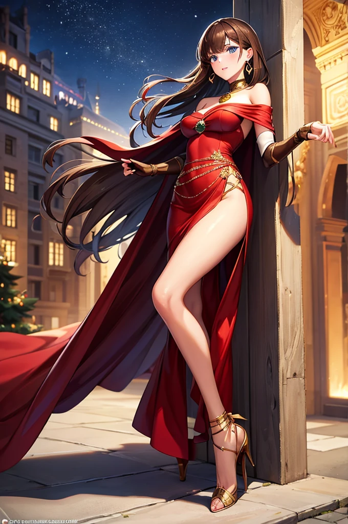 8k, beautiful woman, full body, dark red hair, long hair, jewelry on head, elegant dress, two bare legs, two bare arms, golden heels with black, jewelry on legs and arms, smiling, starry sky background, standing with open legs