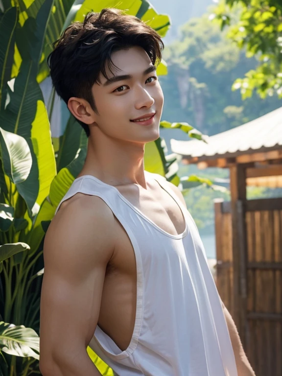 Masterpiece,best quality,Very detailed,Handsome Thai male ager, smiling with fangs, water drops on his arms and shoulders, shorts, holding a glass of red wine in a wooden hut at night.