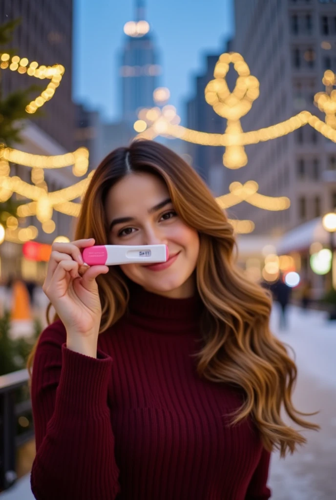 Create me a photograph of a blonde woman holding a positive pregnancy test against a Christmas background in New York