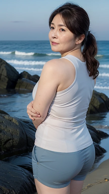 A beautiful 30 year old woman with a sexy curvy body is walking at the white sand beach, her hand pointing to the beachs, wearing a casual white t-shirt, jeans, 360° views, very nice blue sea ((best quality)), ((masterpiece)), (detailed), perfect face