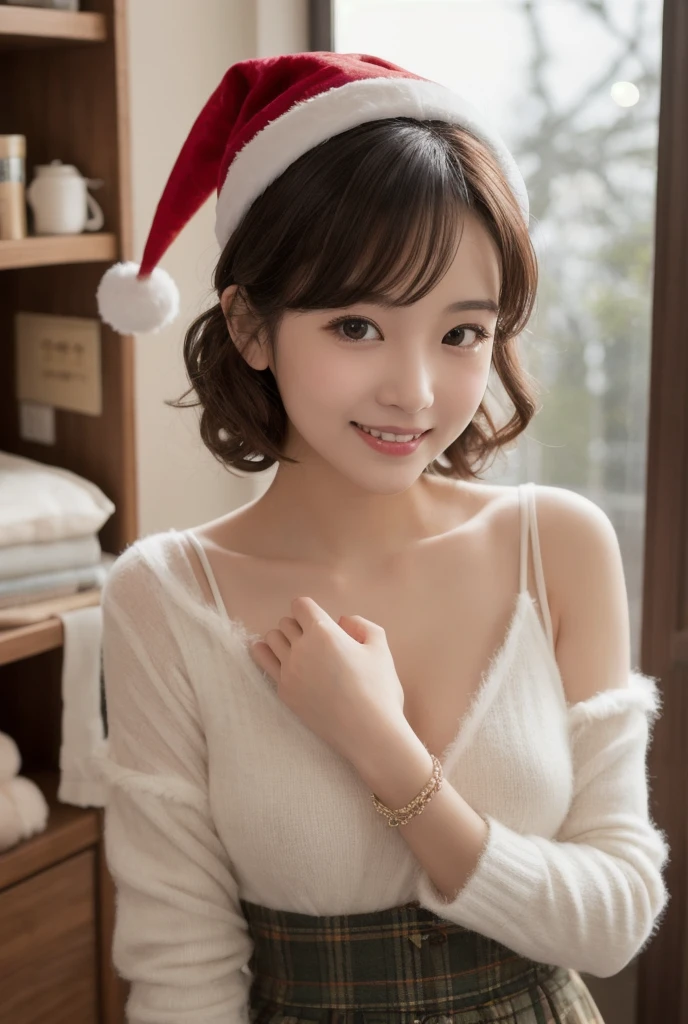 incredibly absurd, beautiful and cute 20-year-old Korean girl with a photorealistic face, showcasing top-quality craftsmanship. Her slender frame adorned with short, messy hair. The artwork high-resolution, allowing for ultra-detailed features to be captured flawlessly. The girl is wearing Christmas Costume. The focus lies on the realistic pupils, showcasing depth and emotion. ((breasts out)) cute smile.