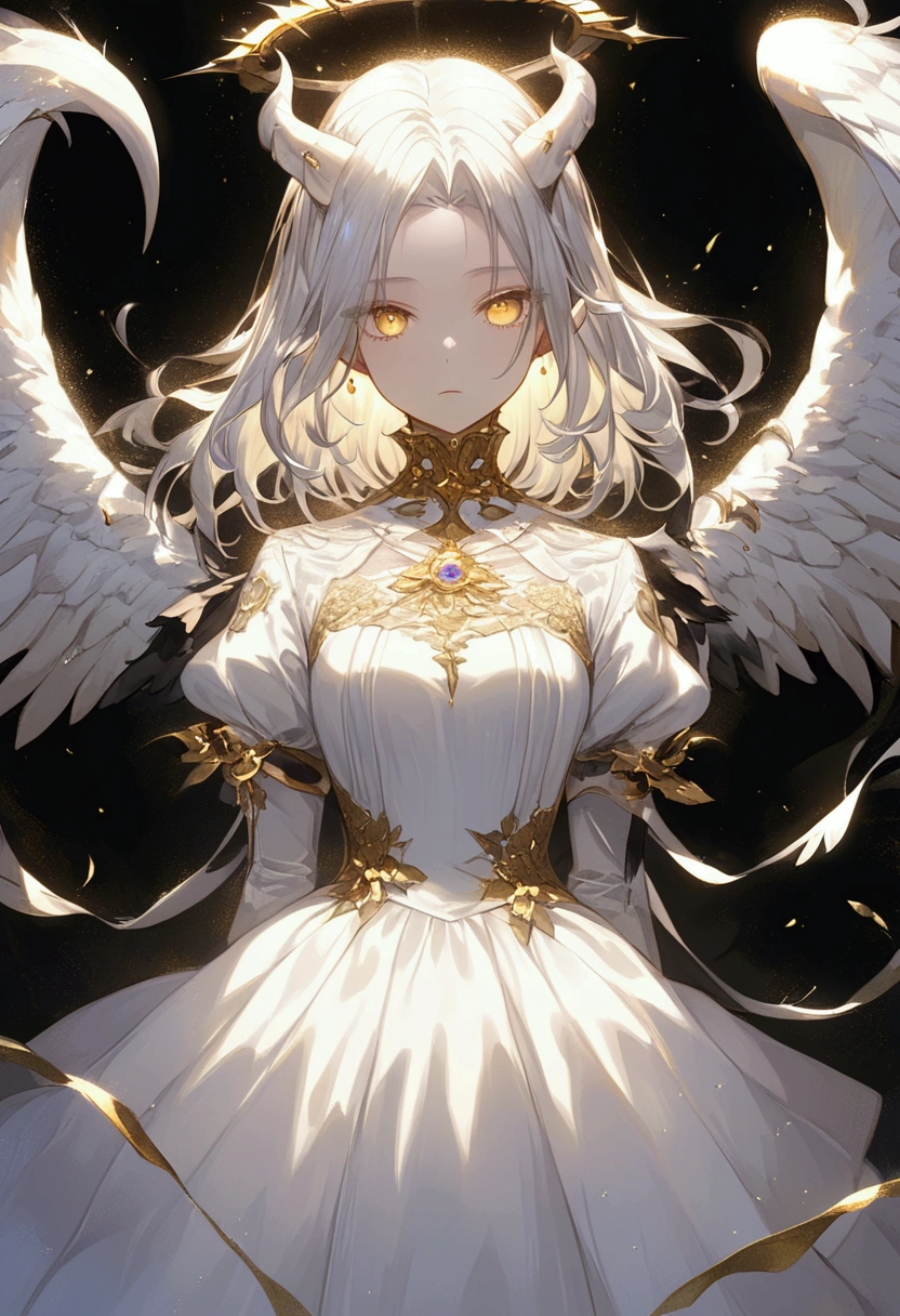 【8K,  RAW Photos Box,  better quality,  masterpiece: 1.4】, 【 Ultra-high resolution ,  style,  soft lighting , ((  intricate details  )),  , 1 girl, BLACK WINGS,  Gold white dress ,  white horns , albedo_overlord,  black hair, (low ala,:1.1),  upper body ,  Black background, gold dust ,  gold sparks ,  Gold particles , (( arms behind back)), 