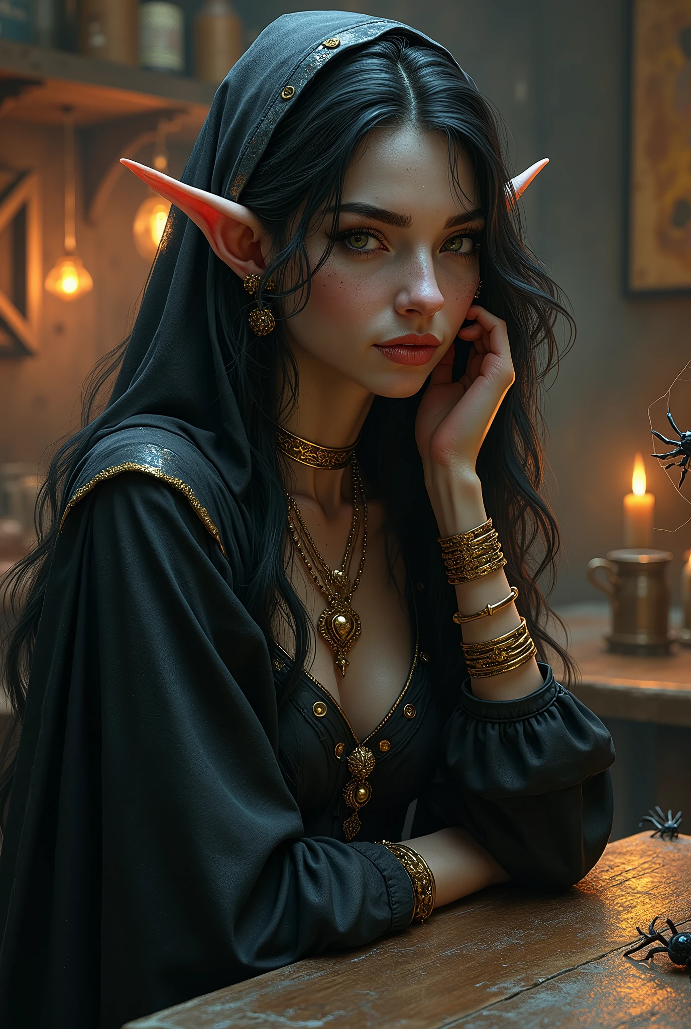 tmasterpiece，Highest image quality，Beautiful bust of a dark elf girl，elvish ears，Dark elf silver short hair style，Clear golden eyes，锁链，bistro in paris，Ultra-detailed details。At the Pixiv Art Station，Break your own power，The kinky  exposed，R-18G