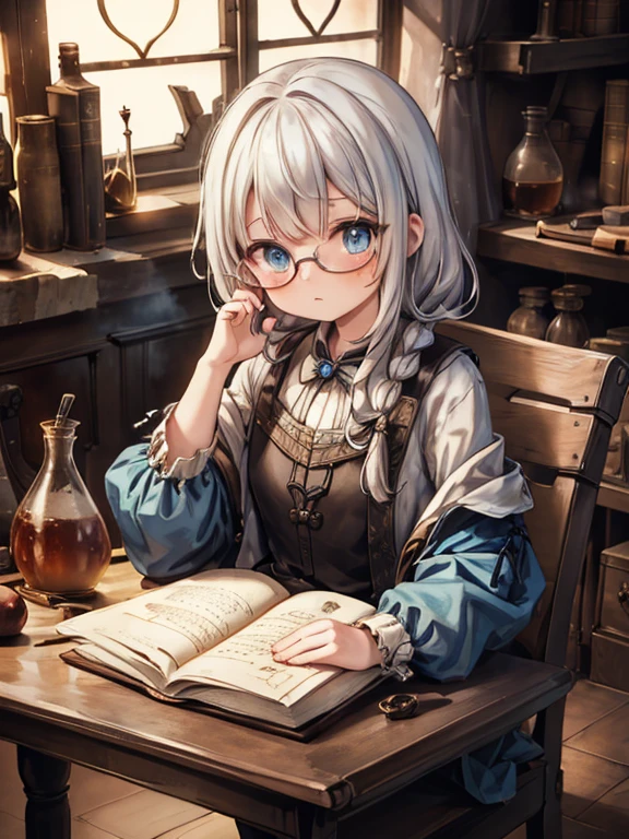 masterpiece,  top quality ,  very detailed, 8k,  super high res,  cowboy shot, A  girl,  detailed face , distraught face,  Completed,  blue eyes, Glasses,  Silver Hair,  long hair,  braids,  black dress,  Long Skirt , Luxurious Western-style mansion,  Libraries , Bookshelf,  table,  sits on a chair,  reading a book, renaissance_Alchemist_studio