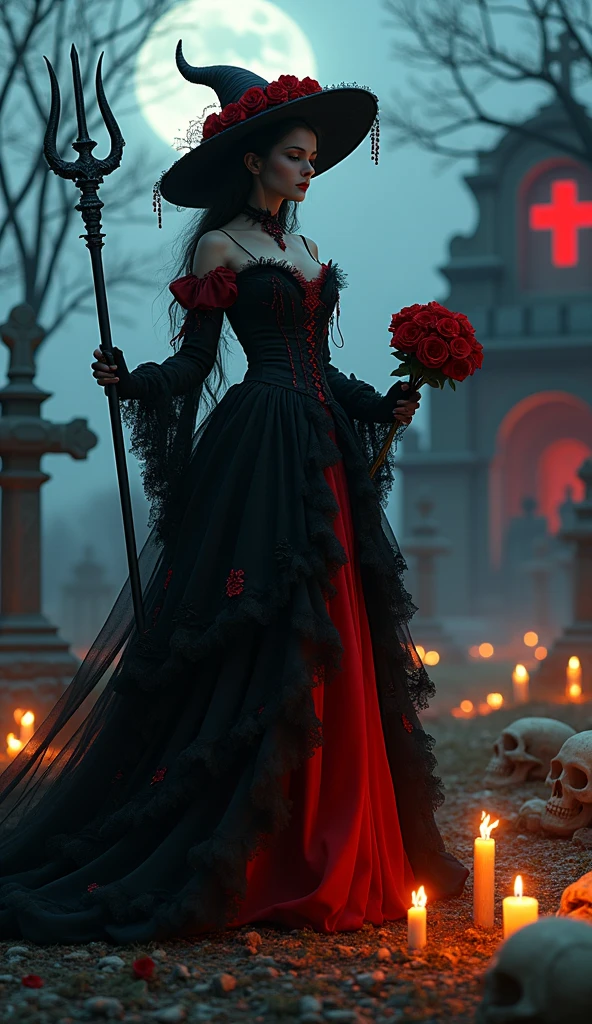 an elegant woman with long, dark hair wearing a vibrant dark red and black dress adorned with lace and intricate details. embroidery His skin is a light and striking tone, his face is like a skull, mixing beauty and macabre. In one hand, she delicately holds a skull and, in the other, a red rose, symbolizing her dual nature. She is in a dimly lit cemetery, surrounded by dimly glowing candles and fog, with shadows from old tombstones and crosses in the background. The atmosphere is eerie and slightly eerie, with a soft, reddish light highlighting its presence.