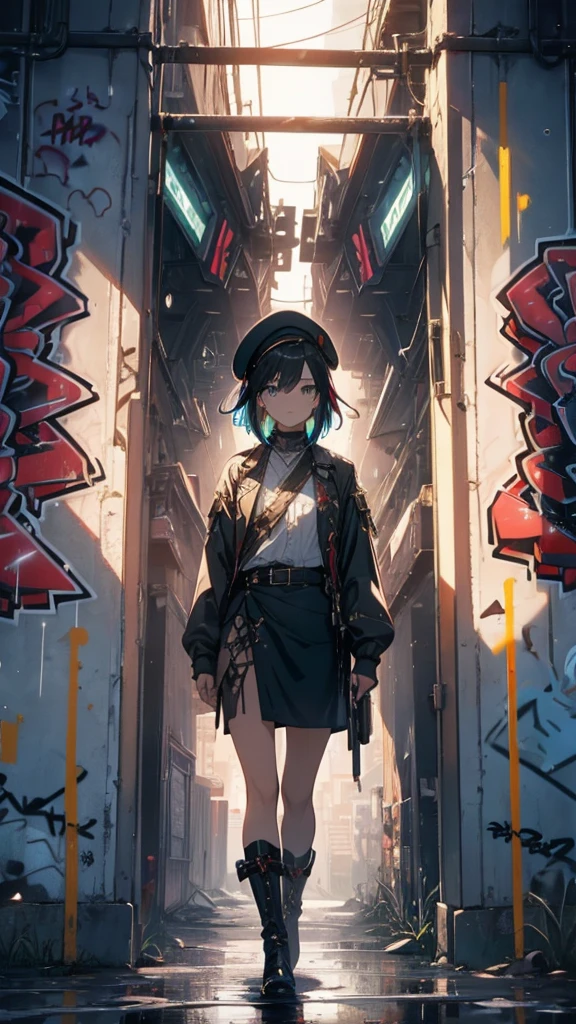 ((Beautiful black haired girl)),(( short hair ))(( Big Breasts :0.6)),  Tactical Boots  ,Futuristic gun,Rain environment,  high image quality,8k,  super detailed  ,  surreal(()),masterpiece,  cinematic lighting ,Dramatic lighting,  Dramatic Poses, High Definition Facial Contours ,非常に  realistic  ,  realistic  ,((Heavy Rain:1.3)).  Beautiful details ,  beautiful lip details  ,   High Detailed Eyes and Faces   ,  with long eyelashes ,  1 girl,  concept art,   Frame Location   、Shiny Futuristic gun、((Bloodstain:0.9))Vivid Depiction of the Human Body  、beret、 green uniform、 Thailand、 Knee-length skirt 、((Heart-wrenching Clothes  :0.6))  Holes are in the center of the poster .々stand,  スThailandリッシュでエッジの効いた服を着る ,   expression of determination. The background is dark、 There is danger and tension, Text is in Bold and Eye Catching ,   catchy taglines that create a dramatic and exciting atmosphere.  The color palette is mostly dark ,(( grumpy expression))  Posters are dynamic and visually impressive .,  Character Portraits  (())(())((  lean against the wall  :1.6))((  cross your arms slightly))((colorful graffiti wall :1.5))