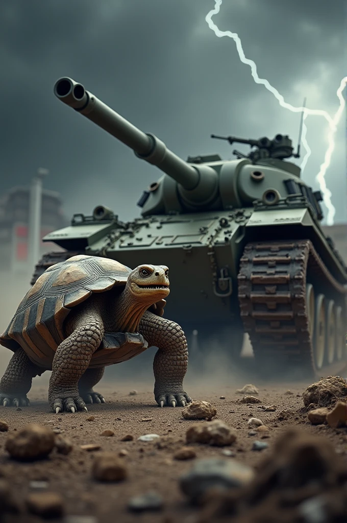 Giant Turtle Tank、 A group of soldiers riding fish attacking a tank, The soldiers riding fish will attack from the air.、Detailed and dynamic, Fantasy Art
