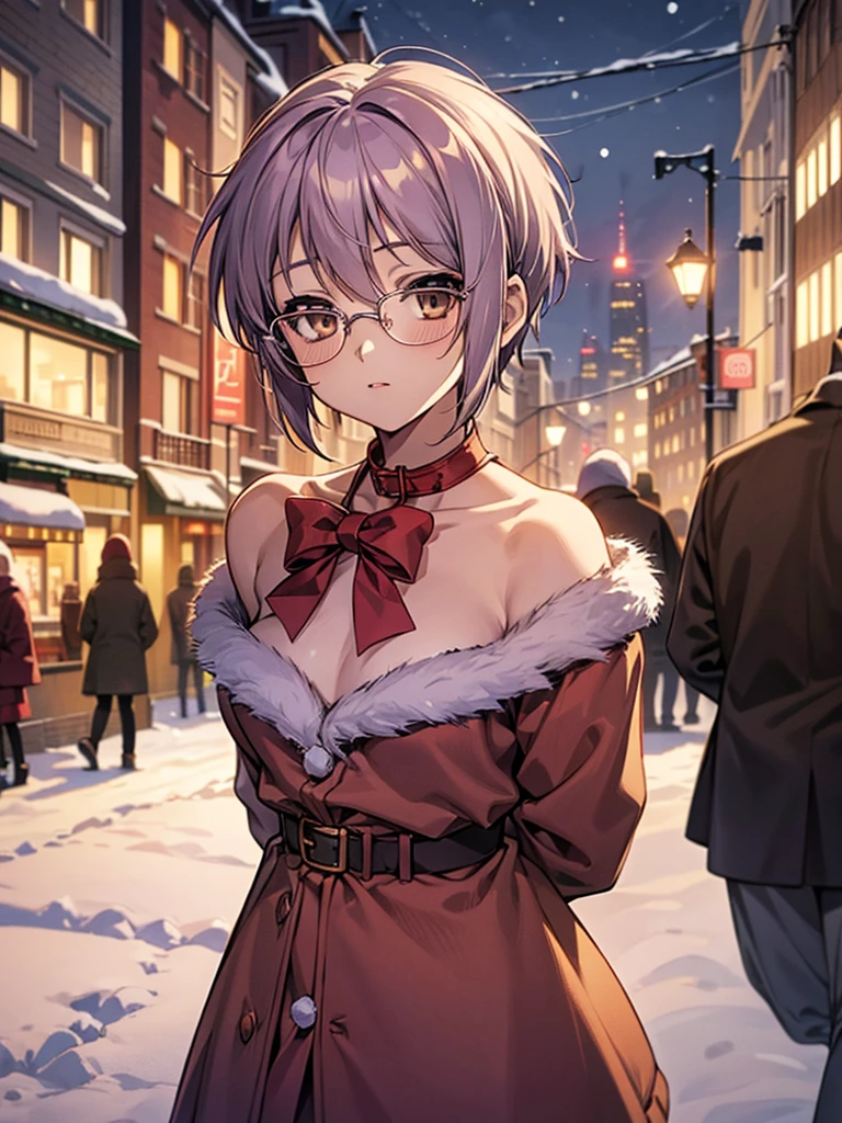 Snow, ny1, nagato yuki, ((arms behind back)), (small breast), (short hair), Santa Claus, glasses, 1girl, (Xmas), cover shoulders clothes, clothes, On a snowy night on the street, I met a cute little Santa girl.