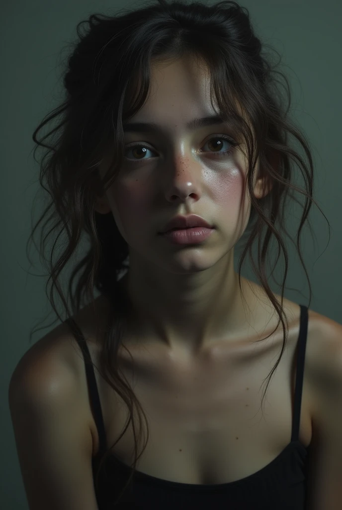 Portrait of a beautiful 18-year-old girl with a beautiful and perfect face, Russian, no panties, wet with sweat, in bed, reddened nose and cheeks, Glows(Dark private research、Dark moody light:1.2)