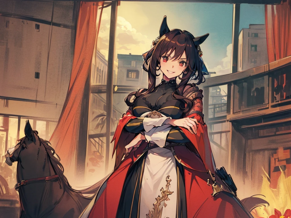 (Solo:2), (Female:2), (Short fingers, short arms, short legs), (Horse ears), (Large breasts pointing up), (Luxurious long coat), (Arms crossed), (Smiling and looking at the camera), (Castle), (Red garden), (Sunset), (Focus on breasts), (Carefully drawn, amazing artwork, best quality, high resolution, 8K, detailed, delicate),