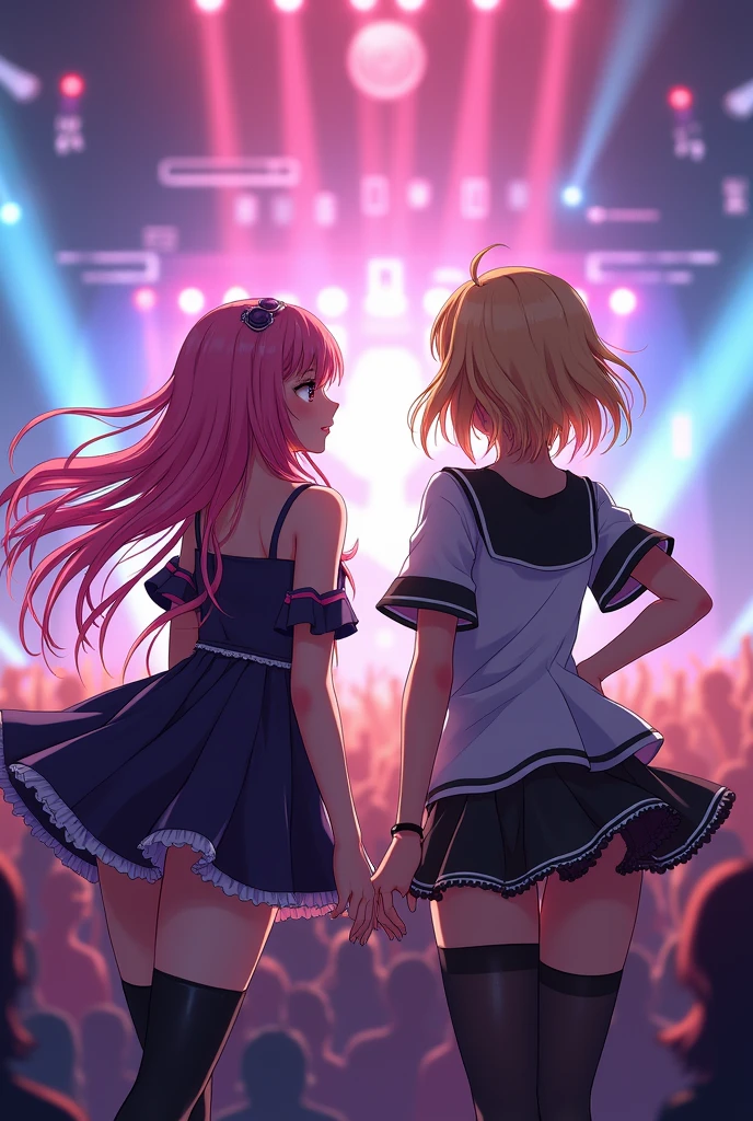 Dynamic Angle, ((((Detailed eyes and detailed face: 1.2))))), ((Perfect human hand, super detailed human 5 fingers)))), ((Perfect human foot)), Upper body, 2 girls, Smile, Wolf ears, Wolf tail, Pink eyes, hair between eyes, (Wink)))), D cup, cleavage, striped hair, (Colorful hair color: 1))))), (( ( Random hair color: 1))), variegated hairstyle: 1, twin tails, ultra-detailed gradient hair, (((T-shirt with the kagenari logo))), professional designer, fashion leader, ruffled dress, love live, jewelry, backstage, best stage, climax, professional stage, (holding the microphone in your left hand and singing emotionally, overflowing emotions, Best smile))), singers, vocalists: 1, idols, divas, professional stage, professional lighting, live lighting, averting gaze, fan service: 1, ((((satellite photo seen from the audience)))), ((((Panchira, cute panties))))