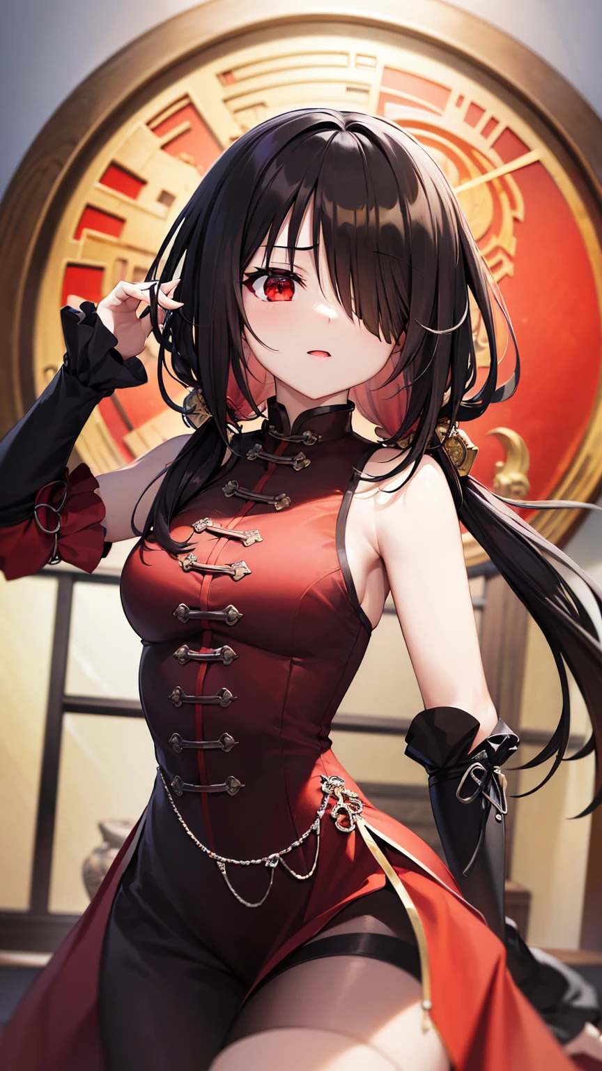 girl, red eyes, long curry wavy black hair. wear green black , arrogant, independent woman, kind smile. background in luxury mansion.