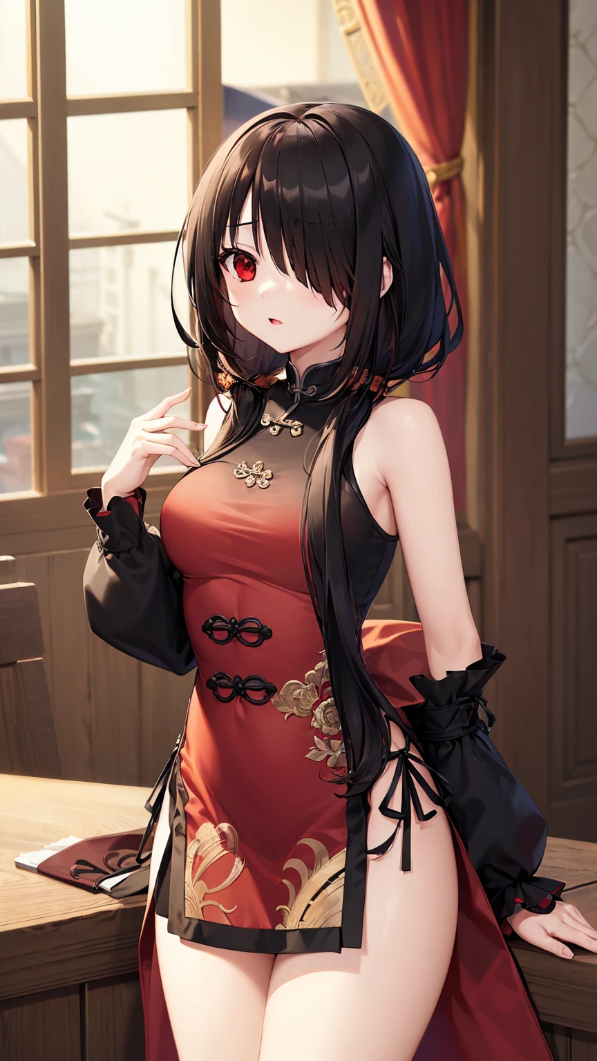 (((masterpiece))),(((best quality))),(((extremely detailed))),illustration,who, (masterpiece, top quality, best quality, official art, beautiful and aesthetic:1.2),(8k, best quality, masterpiece:1.2), tokisaki kurumi, black hair, low twintails, (hair over one eye:1.5), (red eyes:1.2), (small breast:1.2), bare shoulders, thighs, detached sleeves, hair bun, double bun, chinese clothes, china dress, upload to tiktok