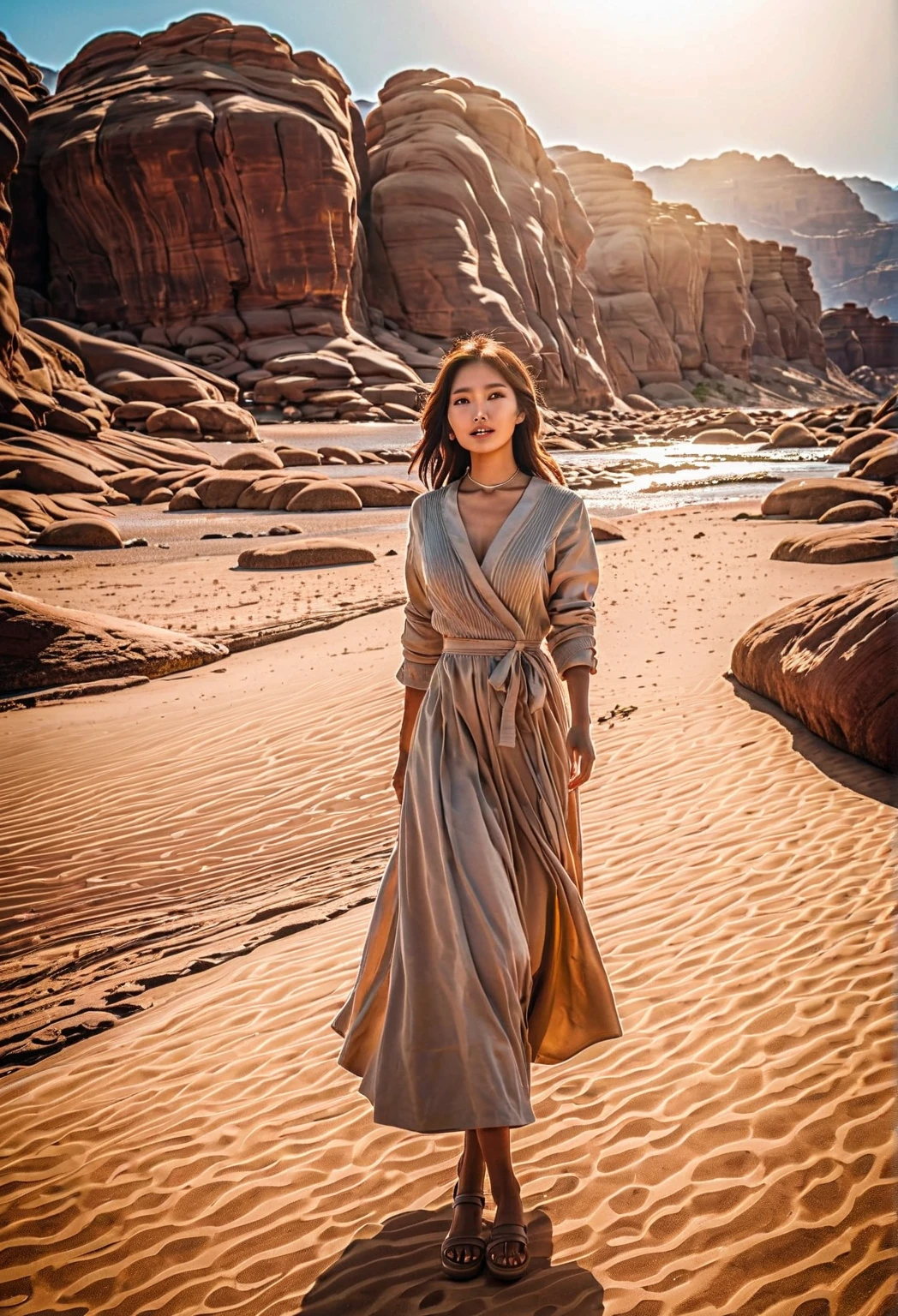 a beautiful happy korean girls wear casual stuning on desert canyon, Portrait of ancient traveler, Huge and majestic river, Charming super high quality, extremely beautiful, Surreal,masterpiece, masterpiece, masterpiece, high contrast, tonal contrast, movie stills, movie angle, movie lighting, Stunning fantasy sky background details,