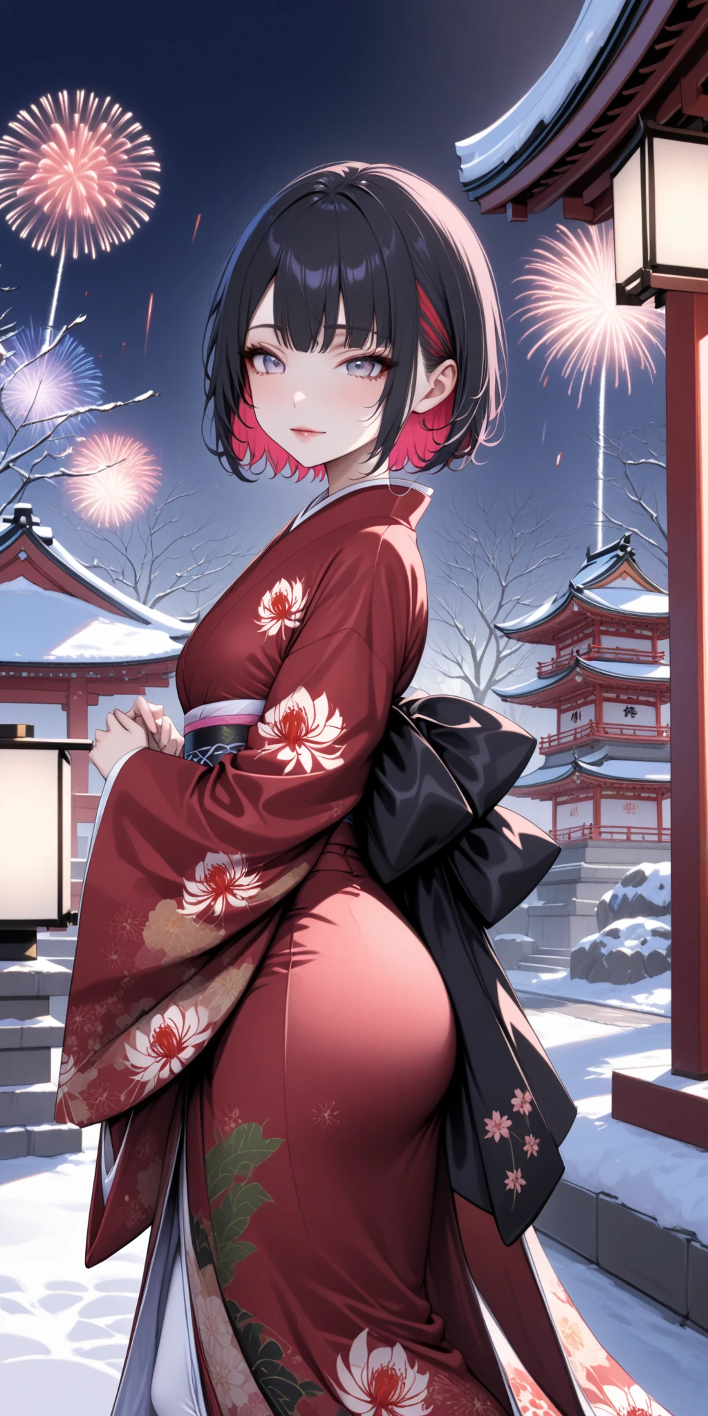 score_9, score_8_up, score_9_up, source_anime, ellenjoe, night, passionless, closed mouth, ellen joe, black hair,  sexy body, colored inner hair, multicolored hair, grey eyes, red hair, short hair,  two-tone hair, night, new year japanese temple, new year fireworks, morning, nostalgic face, elegant red kimono, long kimono, half open kimono, half open kimono, kimono open in the chest, small breasts, half opened kimono, red spider lily printing in the kimono, pink obi, winter,  winter dress, long skirt, lace collar, lace, sexy body,  small breasts, two-tone hair,  looking at viewer, beautiful eyes, solo, fantasy world, night, beautiful eyes