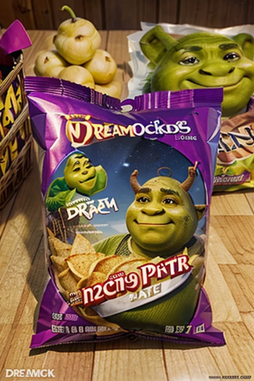 Create an image of a plastic pack of potato crisps with a logo of Shrek, brand name is Dreamworks potato chips