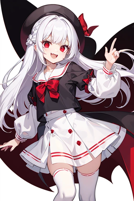 Vampire, red ribbon sailor shirt, red eyes, white skirt, white hair, french braid, white thighhighs, fangs, mischievous smile